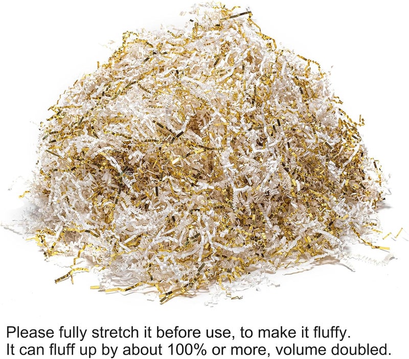 Mefleet 1/2 LB Crinkle Cut Paper Shred Filler 8 oz White & Gold Crinkle Shredded Paper for Gift Box - Gift Basket Bag Filler - Grass Cushion Stuffing for Easter, Mother's day, Birthday Packaging Wrapping - Image 5